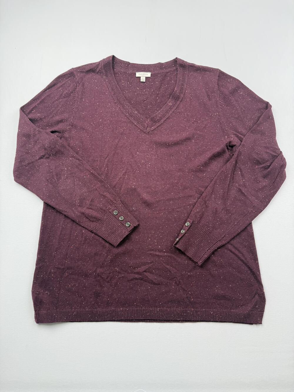 Talbots Sweater Womens L Purple V Neck Speckled Knit Button Cuff Pullover